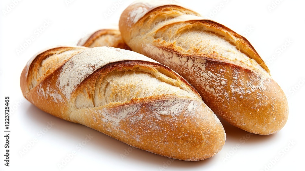 Single French baguette bread with flour-dusted crust, isolated on a clean white backdrop, perfect for bakery or food product presentations Single French baguette bread with flour-dusted crust, isolated on a clean white backdrop, perfect for bakery or food product presentations