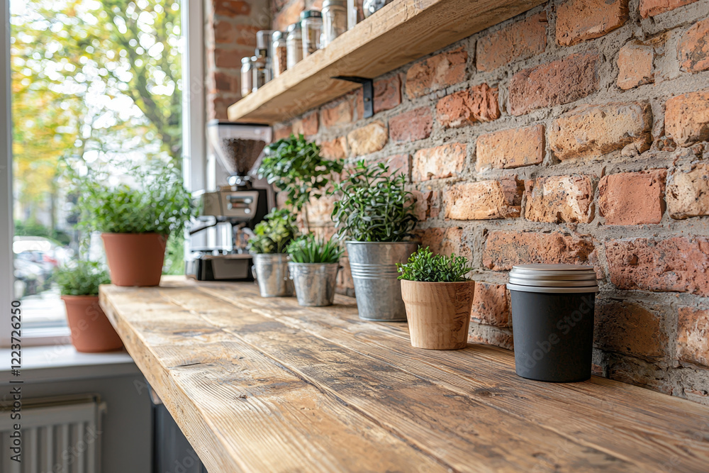 Rustic wooden counter with potted herbs, against a brick wall. Rustic wooden counter with potted herbs, against a brick wall.
