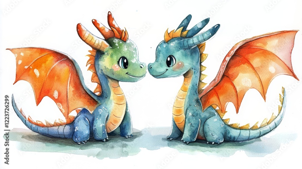 Fototapeta premium Two adorable watercolor dragons, a captivating illustration for children.