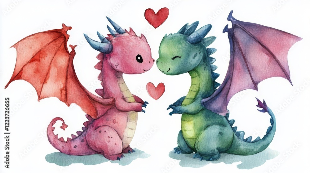 Obraz premium Watercolor Dragons in Love: A Cute Fantasy Couple