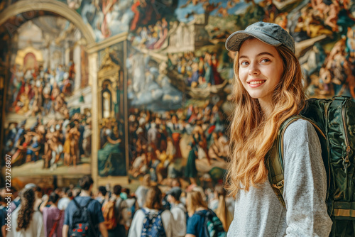 Young woman smiles, captivated by a large, vibrant painting in a gallery.