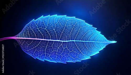 A digitally enhanced image of a leaf with intricate vein patterns glowing in blue light against a dark background, showcasing the beauty and complexity of nature through a futuristic lens.