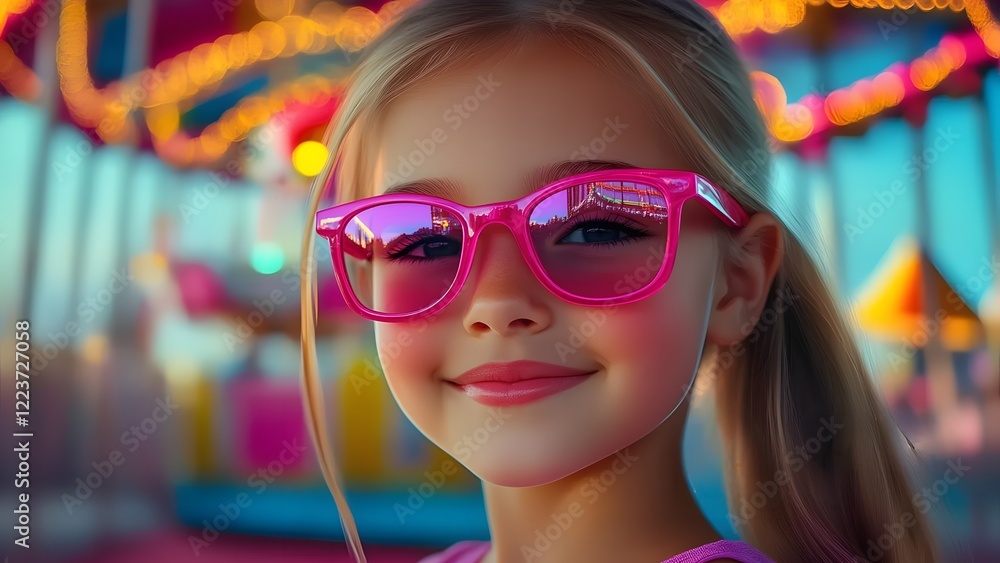 Smiling girl in pink sunglasses enjoying amusement park atmosphere with copy space Smiling girl in pink sunglasses enjoying amusement park atmosphere with copy space