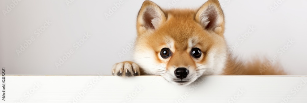 Obraz premium Cute puppy peeking over a bright white surface in a cozy indoor setting. Generative AI