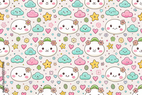 Seamless kawaii pattern with cute clouds, flowers, and stars.