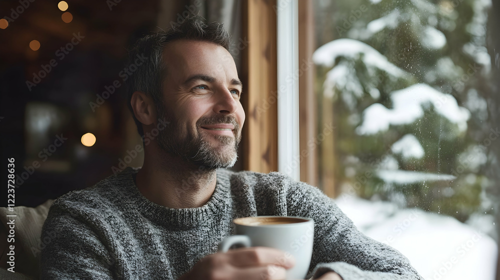 Adult man sitting by the window, enjoying a cup of coffee and smiling contently at home Adult man sitting by the window, enjoying a cup of coffee and smiling contently at home