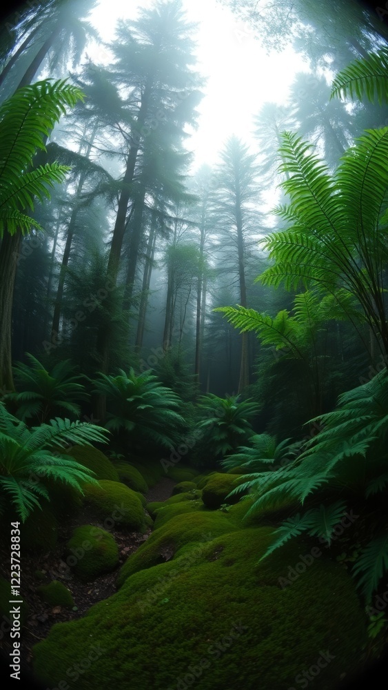 Foggy Forest Path and Lush Greenery Foggy Forest Path and Lush Greenery