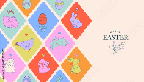 Easter design, hand drawn sweet illustrations of bunnies, eggs, bows, flowers and basket in vintage dolce vita cute style, pastel colors illustrations, banners, posters and greetings cards