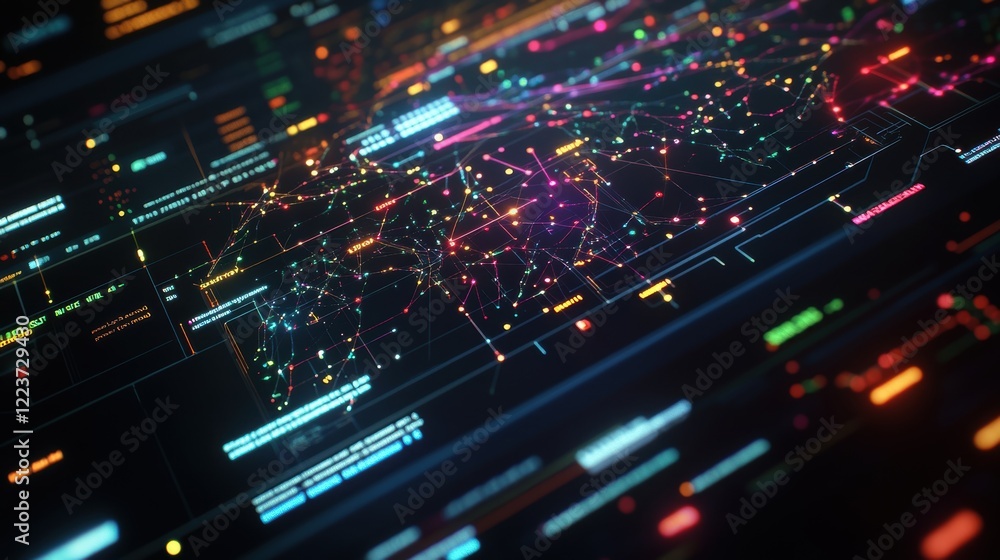 An intense closeup of a highresolution screen displaying a network of interlinked nodes and pathways symbolizing AIdriven insights in a streamlined analysis dashboard with luminous An intense closeup of a highresolution screen displaying a network of interlinked nodes and pathways symbolizing AIdriven insights in a streamlined analysis dashboard with luminous