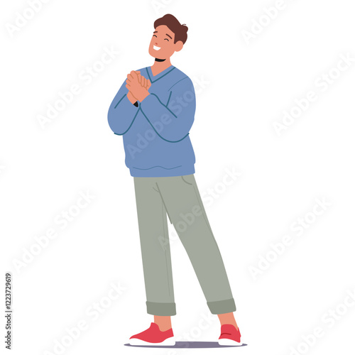 Young smiling man standing with folded palms on chest showcasing gratitude and happiness emotion