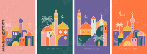 Ramadan Kareem backgrounds in flat geometric style. Modern Islamic greeting card template and wallpaper design. Poster and media banner illustration
