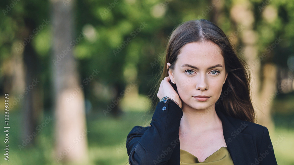 Portrait of a confident young businesswoman adjusting her hair while standing in a serene green park Portrait of a confident young businesswoman adjusting her hair while standing in a serene green park