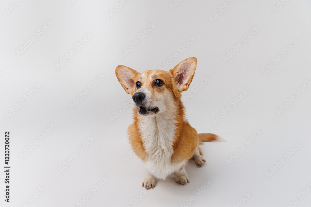 Corgi enthusiastically awaiting a treat, showcasing joy and anticipation on a white backdrop Corgi enthusiastically awaiting a treat, showcasing joy and anticipation on a white backdrop