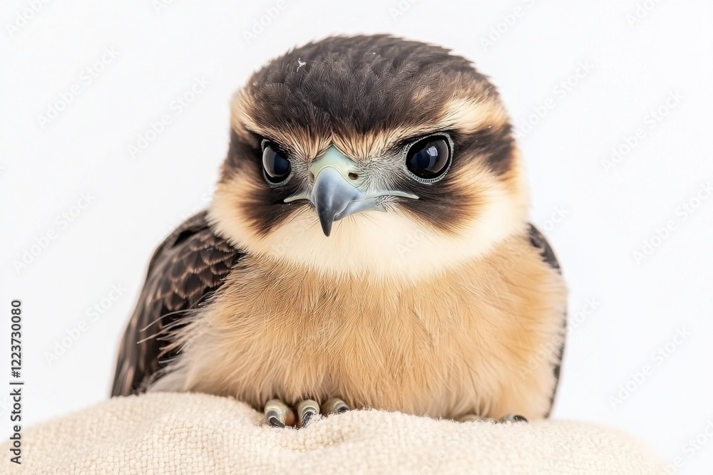 Fototapeta premium Elegant falcon with deep black wings and warm brown chest feathers perched on soft glove against pure white sky