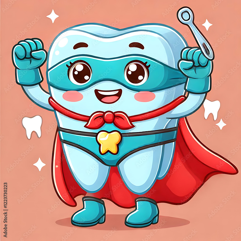 A cartoon tooth wearing a cape and a mask.
A cartoon tooth wearing a cape and a mask.