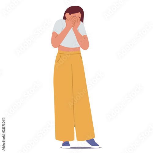 Crying young woman cartoon character covering face with palms feeling frustrated and lonely