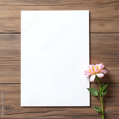 Elegant blank white greeting card with a delicate flower on a rustic wood background, perfect for creative design, DIY projects, and invitations.