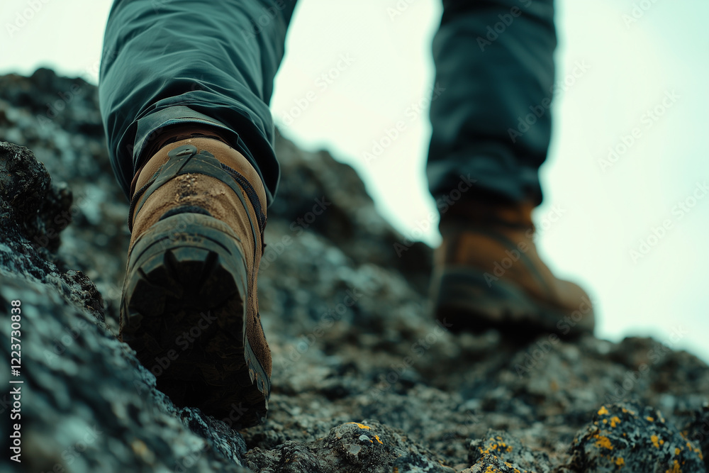 Detail of hiker foot climbing up mountain 