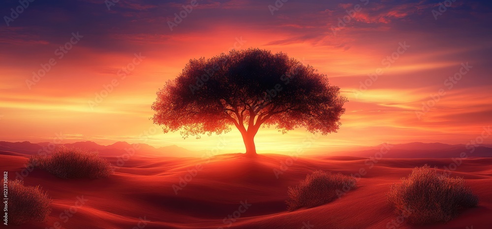 Fototapeta premium Solitary tree sunset desert landscape; peaceful nature scene, ideal for meditation or travel themes