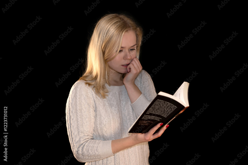 Focused Woman Reading a Book in Thoughtful Mood Focused Woman Reading a Book in Thoughtful Mood