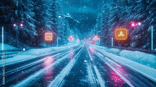 Futuristic scene of an avalanche blocking a high-tech highway, glowing warning signs and holographic barriers, sci-fi winter landscape photo