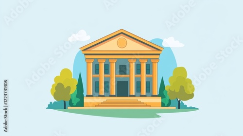 Hand drawn cute cartoon illustration of courthouse. Flat vector court building doodle. Facade with column icon or print. Justice and law concept. Control and order. Government legislation. Isolated.