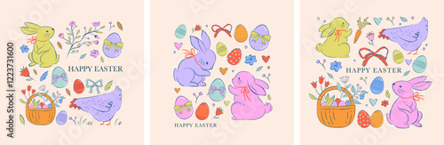 Easter design, hand drawn sweet illustrations of bunnies, eggs, bows, flowers and basket in vintage dolce vita cute style, pastel colors illustrations, banners, posters and greetings cards