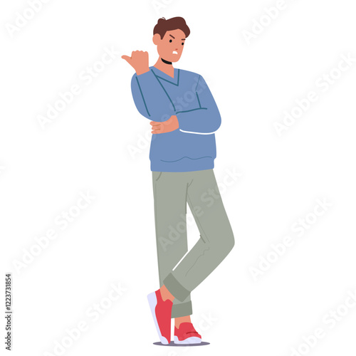 Furious man cartoon character gesturing go away gesture pointing back with thumb standing isolated