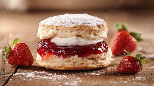 A close-up view of a rich scone topped with luscious strawberry jam and smooth clotted cream, crumbs scattered on a polished wooden table photo