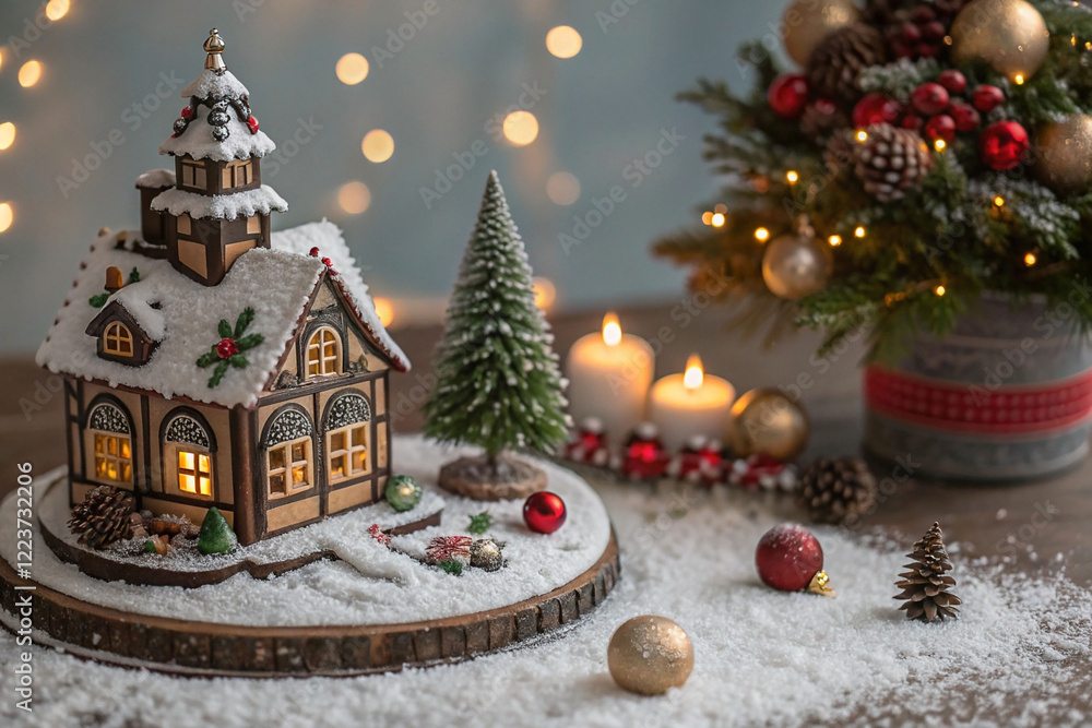 Illuminated gingerbread house with Christmas decor. Illuminated gingerbread house with Christmas decor.