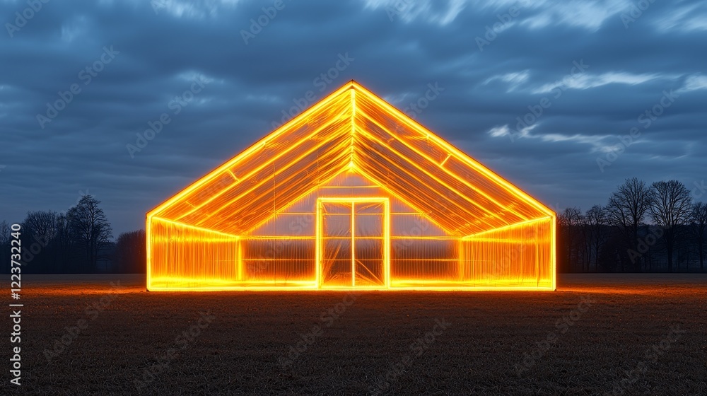 Fototapeta premium A colossal white shed bathed in golden exterior lights, its reflective surfaces shining softly, placed in an empty open ground under a cloudy evening sky