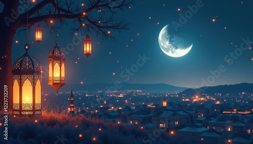 Vibrant Ramadan Night Scene: Crescent Moon Lantern Tree Wallpaper photo