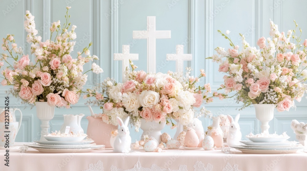 Easter brunch table set with resurrection garden and decorative flowers for family celebration Easter brunch table set with resurrection garden and decorative flowers for family celebration