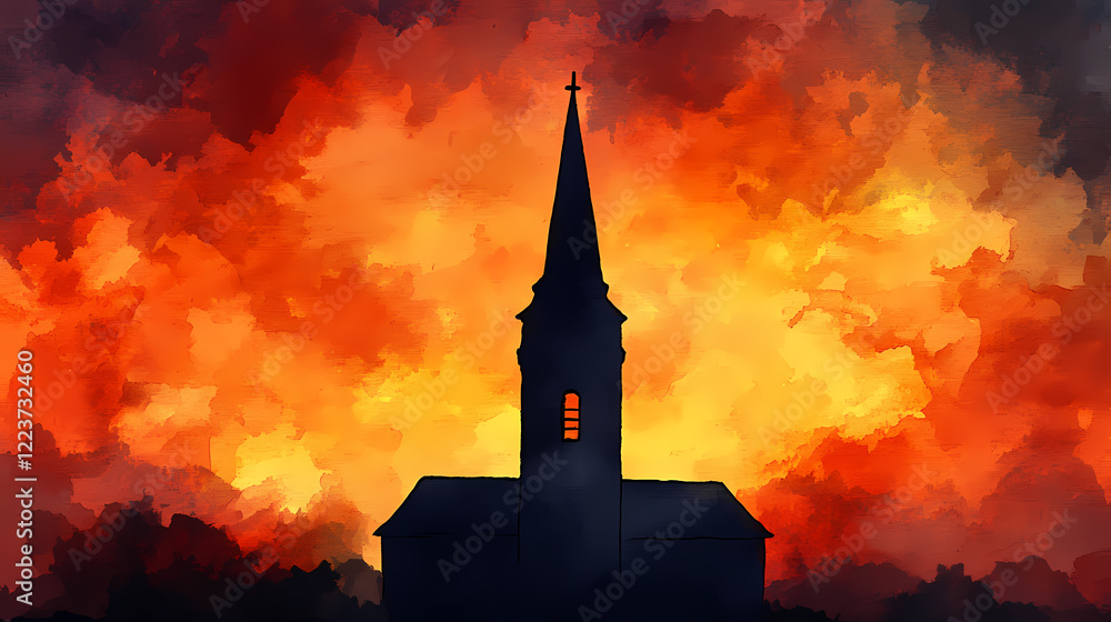 Fototapeta premium Majestic church steeple reaching towards the sky in a glowing watercolor sunset landscape the building s silhouette stands out against the vibrant fiery hues of the sky. Twilight Spire. Illustration