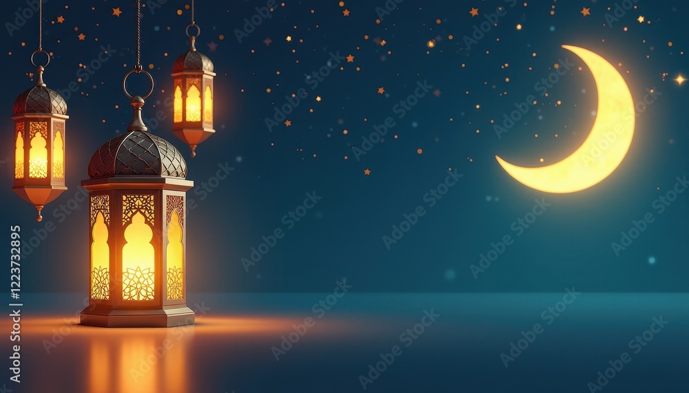 Peaceful Ramadan Night Scene: Lanterns Against a Starry Moonlit Sky Peaceful Ramadan Night Scene: Lanterns Against a Starry Moonlit Sky