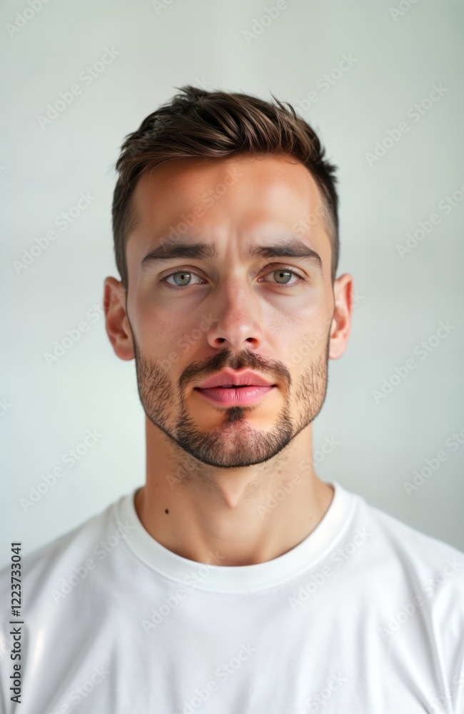 Close-up portrait of man on white background. Young adult male with short brown hair, light beard. Wears plain white T-shirt. Serious expression on face. Suitable for identity documents like Close-up portrait of man on white background. Young adult male with short brown hair, light beard. Wears plain white T-shirt. Serious expression on face. Suitable for identity documents like