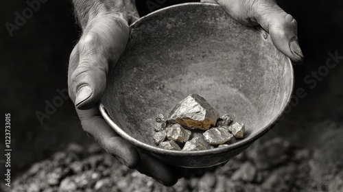 A detailed view of a prospectors hand clutching a gold nugget, weathered tools and pans scattered, captured in historical black and white photo