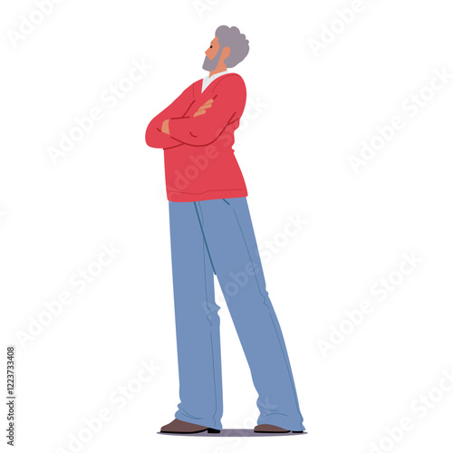 Senior man cartoon character standing with hands crossed on chest showcasing emotion of ignoring
