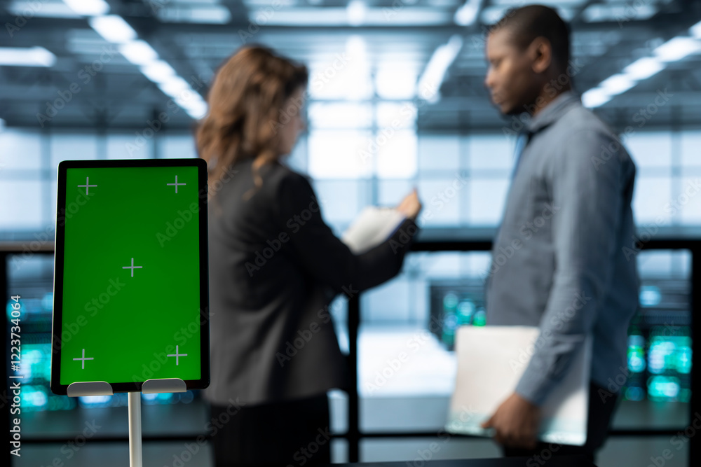 Focus on mockup device in front of data center technicians in blurry background analyzing metrics. Close up of green screen tablet next to server hub workers ensuring seamless operations Focus on mockup device in front of data center technicians in blurry background analyzing metrics. Close up of green screen tablet next to server hub workers ensuring seamless operations