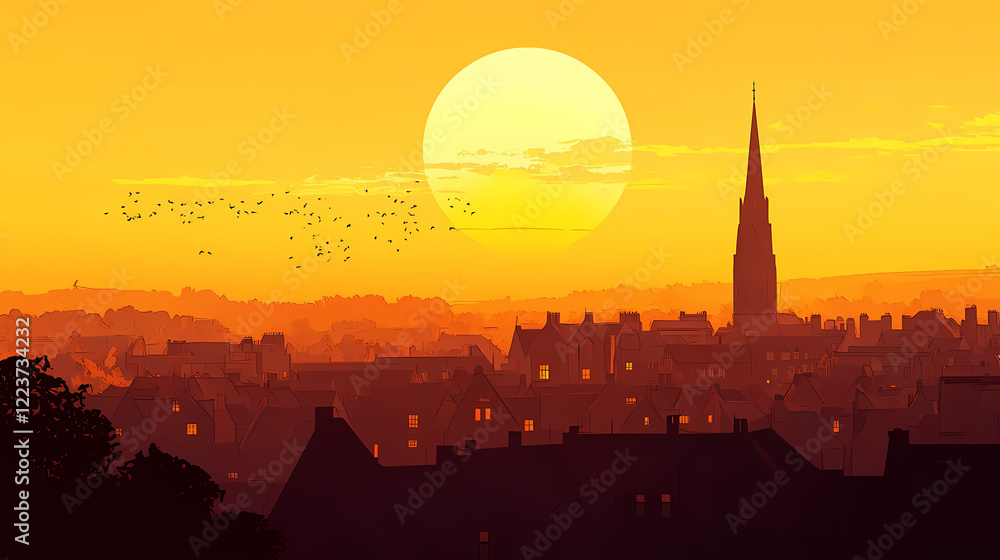 Obraz premium Sunset over city rooftops, warm and golden hues, distant spire in background. Twilight Spire. Illustration