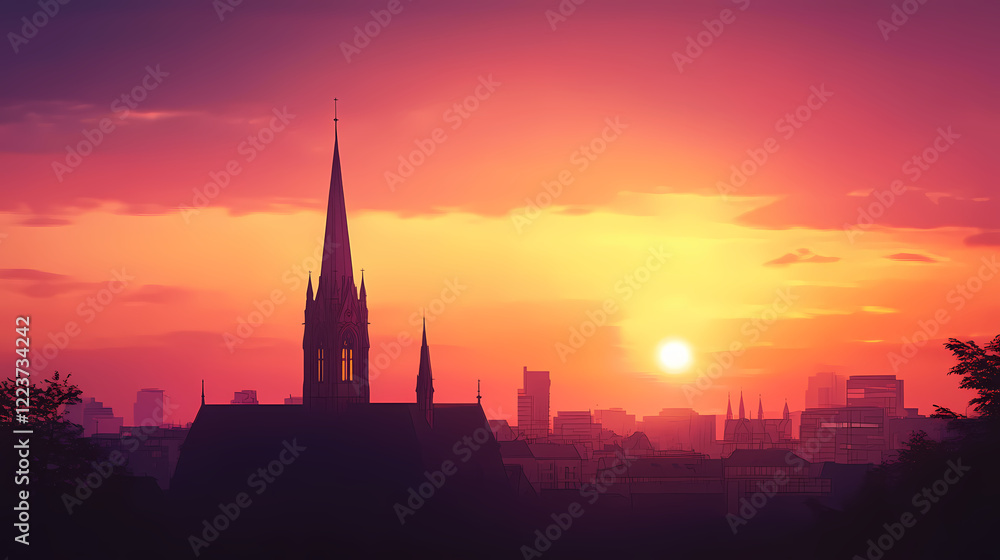 Sunset panorama over city skyline with church spire. Twilight Spire. Illustration