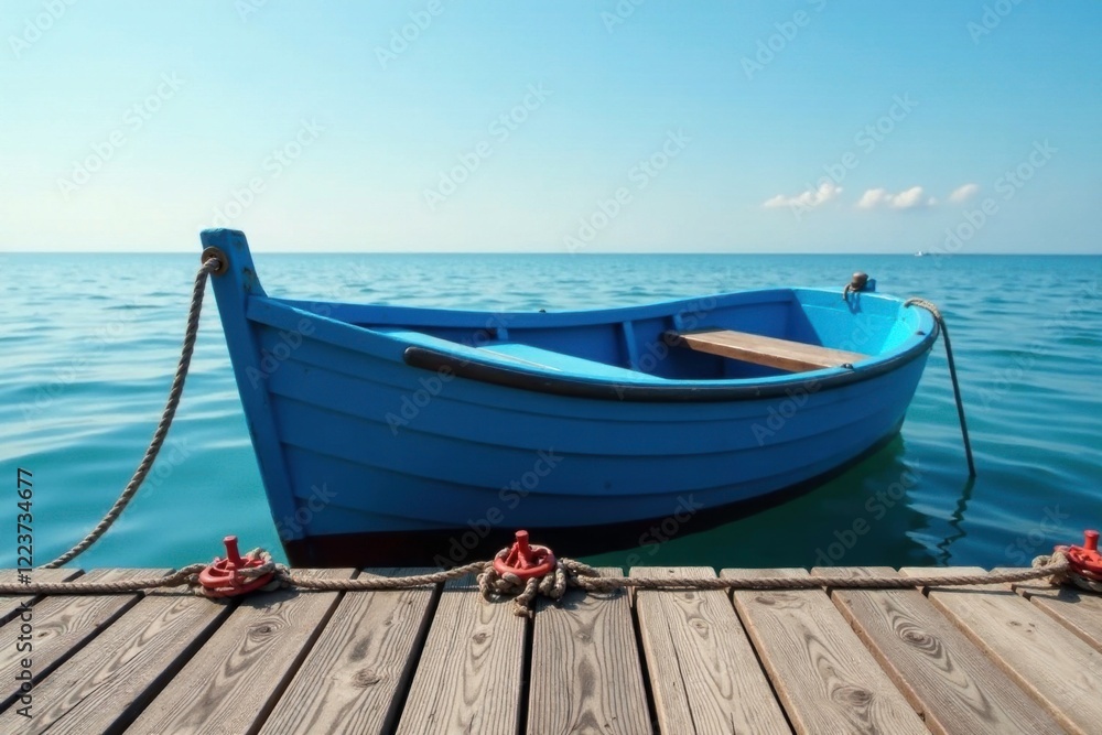 Small blue boat on wooden dock with ropes and anchors, nautical, docks Small blue boat on wooden dock with ropes and anchors, nautical, docks