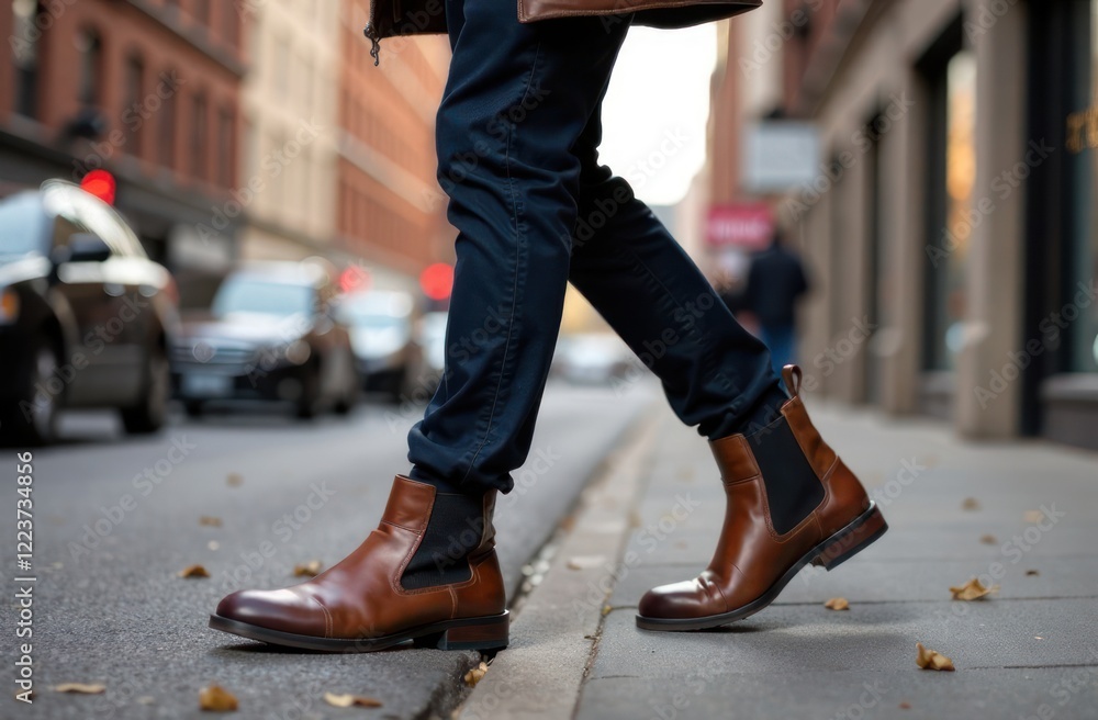 Fototapeta premium men's fashion for fall. stylish brown leather chelsea boots on city street, urban footwear fashion, casual or formal wear.