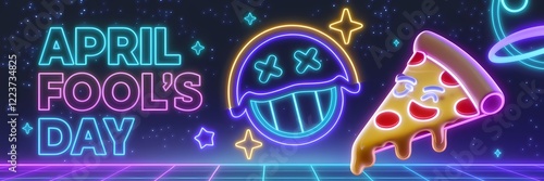 A 3D render of a creative minimalist April Fool's Day poster design with a neon theme. The text 