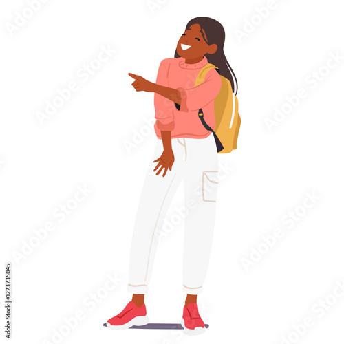 Pretty teenage girl student cartoon character wearing trendy outfit laughing loudly standing