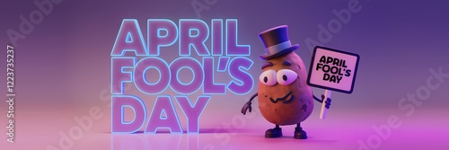 A 3D render of a creative minimalist April Fool's Day poster design with a neon theme. The text 