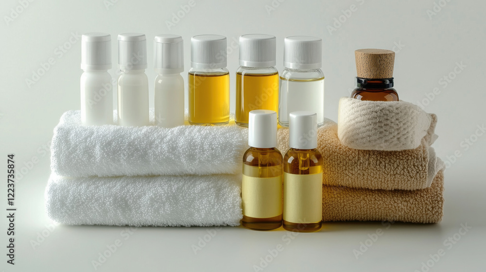 Tidy Collection of Skincare Products, Essential Oils, and Soft Towels on a White Surface with Ample Space for Text, Perfect for Promoting Wellness, Spa Therapies, and Natural Body Care Products Tidy Collection of Skincare Products, Essential Oils, and Soft Towels on a White Surface with Ample Space for Text, Perfect for Promoting Wellness, Spa Therapies, and Natural Body Care Products