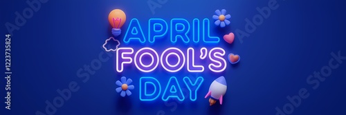 A minimalist April Fool's Day poster design with a neon theme. It features the text 