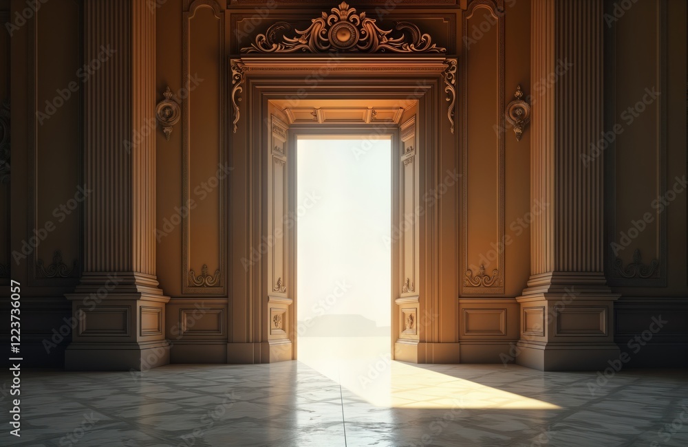 Grand room interior with ornate wood door. Open doorway lets sunlight flood room. Vintage design, classic architecture. Antique wood, marble floor. Ornate details on walls, doorway. Light, shadow Grand room interior with ornate wood door. Open doorway lets sunlight flood room. Vintage design, classic architecture. Antique wood, marble floor. Ornate details on walls, doorway. Light, shadow