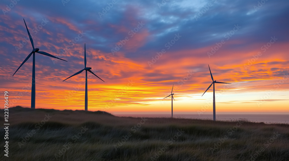 Obraz premium Aerogeneradores en un campo al atardecer, energía sostenible.